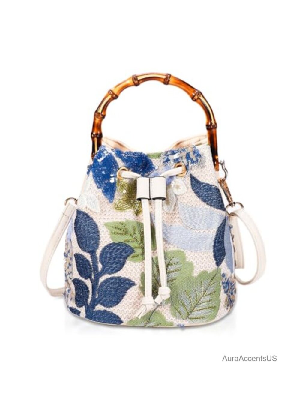 Hand Embroidered Straw Tote Bag with Bamboo Handle